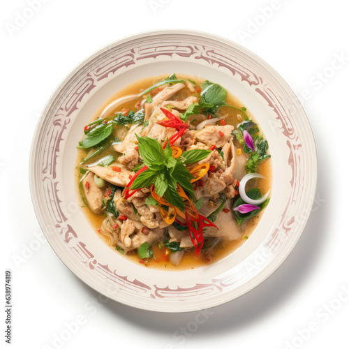 Khanom Jeen Thai Dish On A White Plate, On A White Background Directly Above View