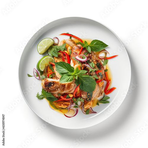 Tom Saap Thai Dish On A White Plate, On A White Background Directly Above View