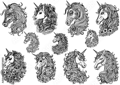 Unicorn head set, tattoo unicorn.