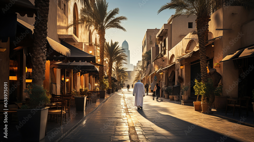 Arabian Street in Dubai's Downtown Bathed in Sunset Hues