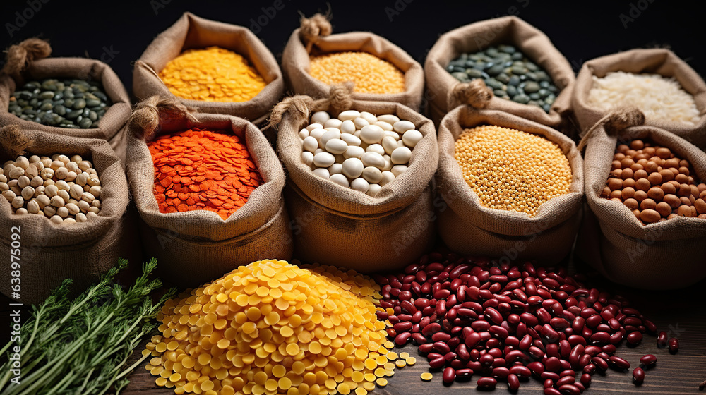 Grains and Pulses Unveiled: Raw Legume Assortment from Chickpeas to Rice