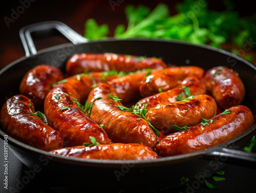 Sausages in a frying pan close-up shot deta, generative ai