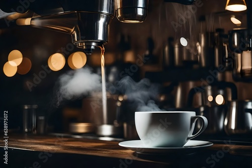 a barista pouring steaming coffee into a cup, capturing the moment of the pour