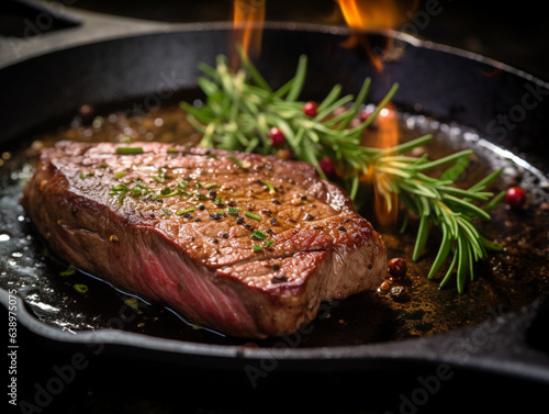 Steak in a frying pan close-up shot detaile, generative ai