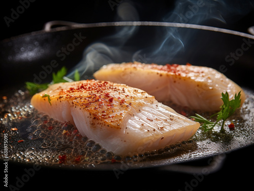 Raw Fish Filet in a frying pan close-up sho, generative ai