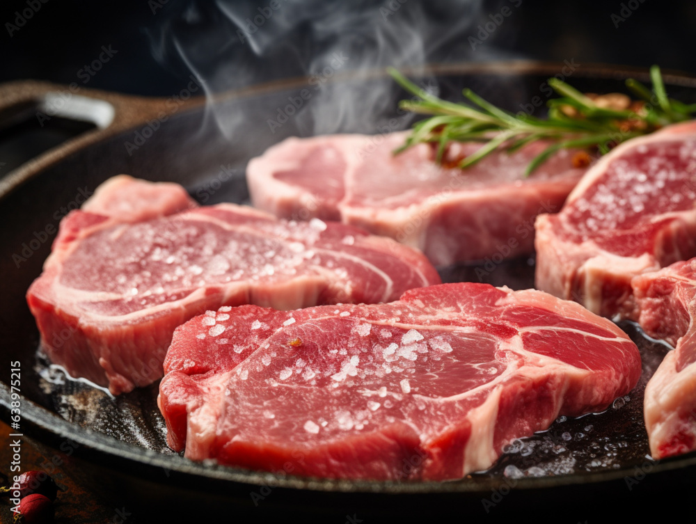 AI Raw Pork Neck Steaks in a frying pan close-, generative ai