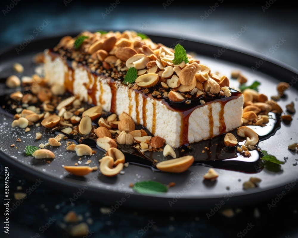 An in-depth image of chilled tofu sprinkled with soy sauce, with droplets glistening in the ambient light and topped with crushed peanuts and fried garlic An in-depth image of chilled tofu sprinkled with soy sauce, with droplets glistening in the ambient light and topped with crushed peanuts and fried garlic
