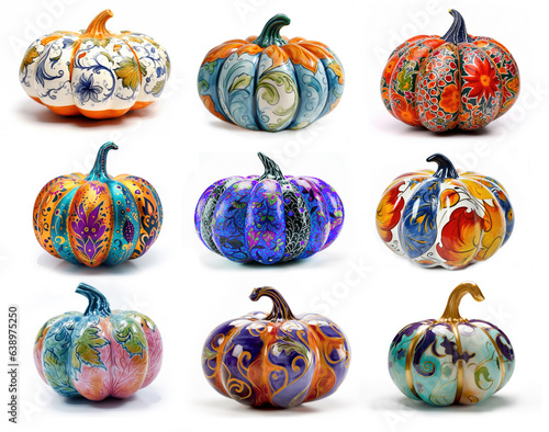 Set of nine colorful, detailed, painted pumpkins on a white background. photo