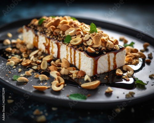 An in-depth image of chilled tofu sprinkled with soy sauce  with droplets glistening in the ambient light and topped with crushed peanuts and fried garlic