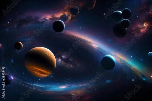 Surreal Galaxy with Swirling Planets