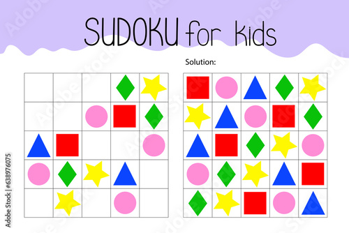 Sudoku educational game or leisure activity worksheet vector illustration, printable grid to fill in missing images, color geometry form topical vocabulary, puzzle with solution, teachers resources
