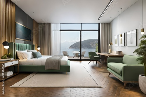 White bedroom with kale green armchair, pouf and double bed