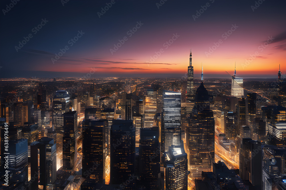 exquisite cityscape wallpaper, showcasing the dazzling lights of towering skyscrapers against the backdrop of a velvety night sky. Generative AI.