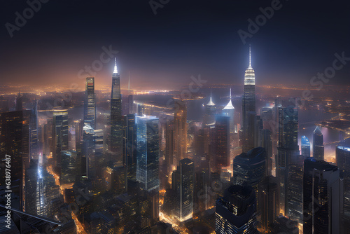 exquisite cityscape wallpaper  showcasing the dazzling lights of towering skyscrapers against the backdrop of a velvety night sky. Generative AI.