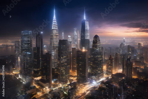 exquisite cityscape wallpaper  showcasing the dazzling lights of towering skyscrapers against the backdrop of a velvety night sky. Generative AI.