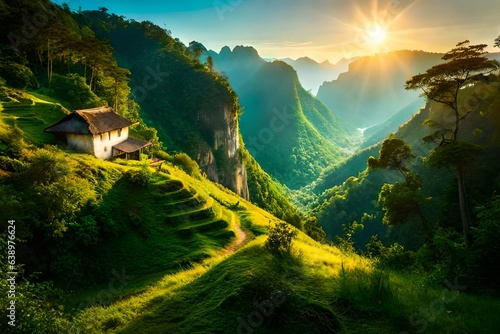 A green landscape with rice fields and mountains in the background