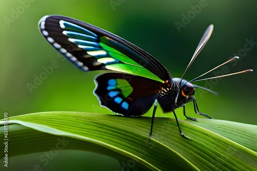 merald Swallow tail butterfly (or, green peacock) sitting on green leaf. Clos...