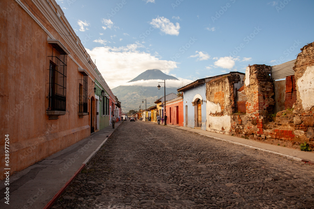 Antigua street with volcano 