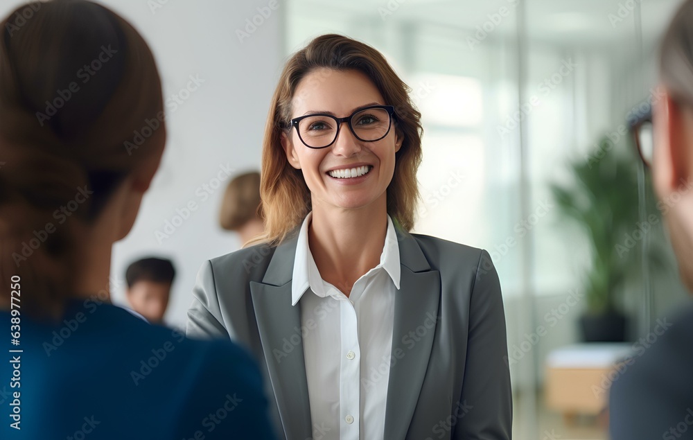 Happy 35 years old business woman manager handshaking at office meeting. bank or insurance agent, lawyer making contract deal with client at work. generative AI Happy 35 years old business woman manager handshaking at office meeting. bank or insurance agent, lawyer making contract deal with client at work. generative AI