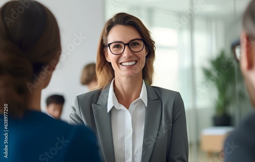 Happy 35 years old business woman manager handshaking at office meeting. bank or insurance agent, lawyer making contract deal with client at work. generative AI