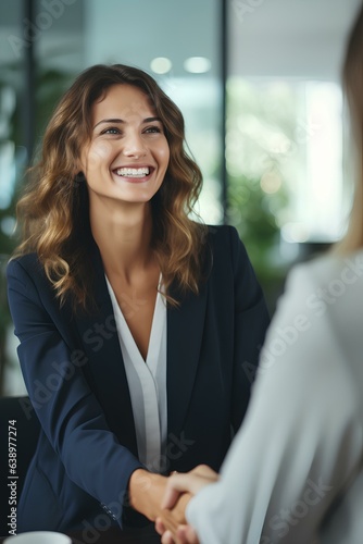 Happy 35 years old business woman manager handshaking at office meeting. bank or insurance agent, lawyer making contract deal with client at work. generative AI