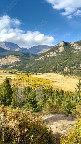 Estes Park View Estes Park transforms into a breathtaking canvas of autumnal colors during the fall season. The lush greenery of summer gives way to a rich tapestry of red  orange  and golden hues. 