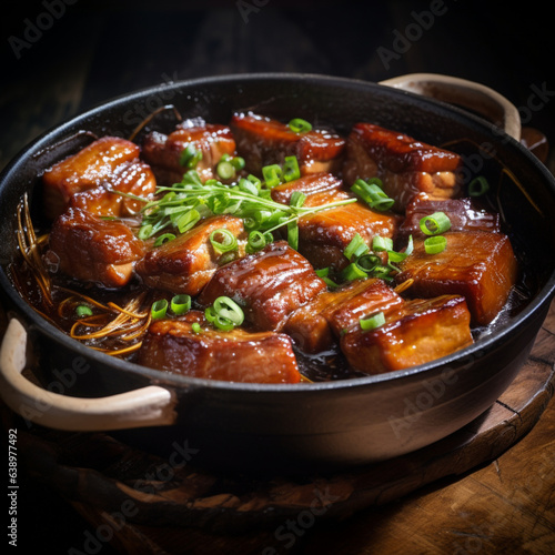 Food photo pork belly with pig skin placed in a black c, generative ai