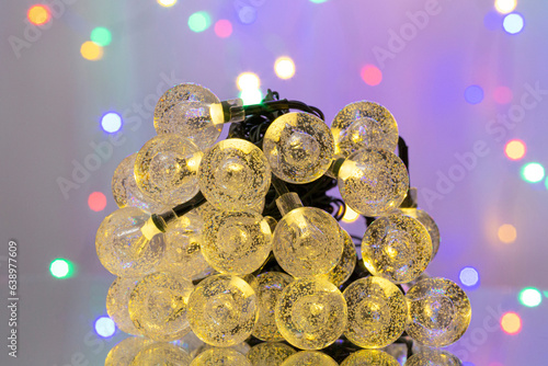 LED string lights. Party holiday christmas decoration lights. Close up christmas LED lighting photo