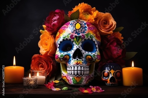 Painted Mexican human skull, burning candles and flowers