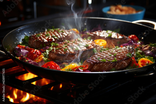 Grilled beef steak with vegetables  barbecue with fire and smoke