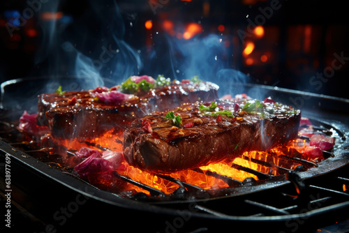 Grilled beef steak with vegetables, barbecue with fire and smoke