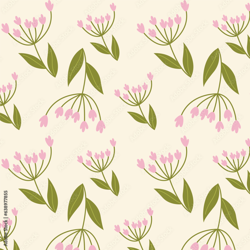 Pink flowers isolated on beige background. Hand drawn floral seamless pattern vector illustration.	
