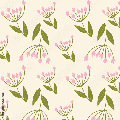 Pink flowers isolated on beige background. Hand drawn floral seamless pattern vector illustration. 
