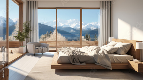 Modern minimalist interior of a bedroom with a large double bed on a sunny day with sunlight through the windows with a view of the nature of the mountains © coco