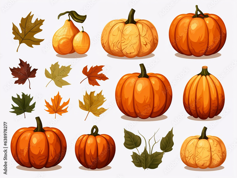 Autumn Harvest, Vibrant Leaves and Pumpkins Isolated on White