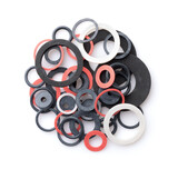 Top view of various rubber gaskets and washers
