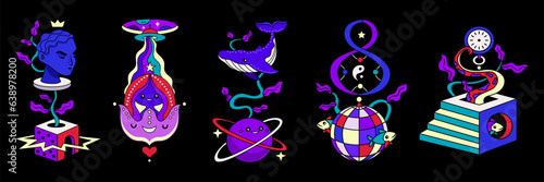 Groovy retro stickers of funny characters, animals and surreal objects on black background. Vector illustration. Vintage hippy abstract set of elements in trendy psychedelic weird cartoon style