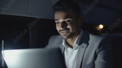 Businessman travels business class aboard a private jet. Man works on a laptop near the porthole. Business traveling concept. © Acronym