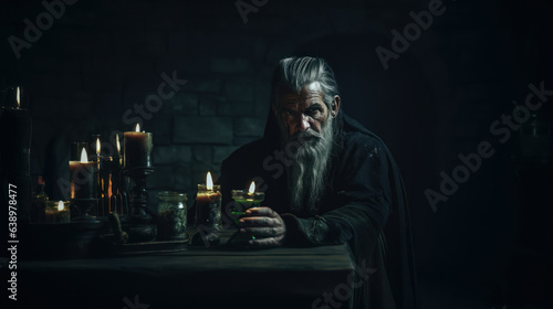 Evil wizard or alchemist making the witchcraft in a dark and scary dungeon. Halloween image.