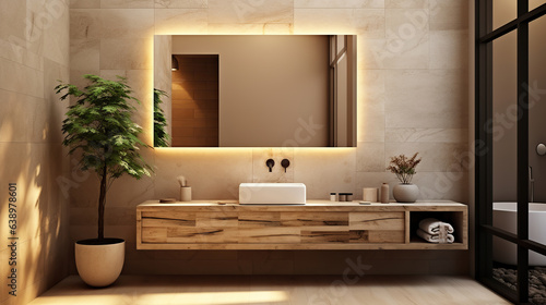 Luminous Timber Luxe  LED-Mirrored Wood Bathroom with Beige Stone Sink Ambiance