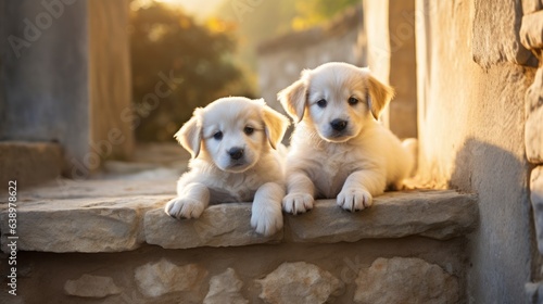 Puppies on stone steps. Generative AI © ColdFire
