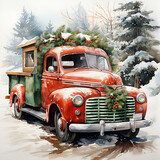 christmas truck, watercolor