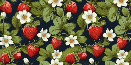 Strawberry leaves seamless pattern with fruit drawings on garnet backdrop. Concept: Summery motifs on moody canvas.