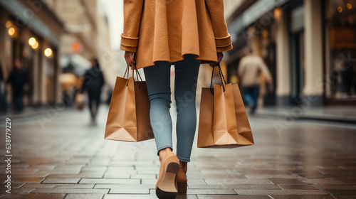 Womans hand holding shopping bags while walking on the street