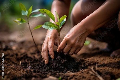 New Beginnings Amidst Old Growth: Hands Planting a Sapling Against the Backdrop of a Dense, Time-Honored Forest, a Symbol of Nature's Rhythmic Journey