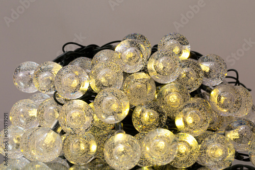 LED string lights. Party holiday christmas decoration lights. Close up christmas LED lighting photo