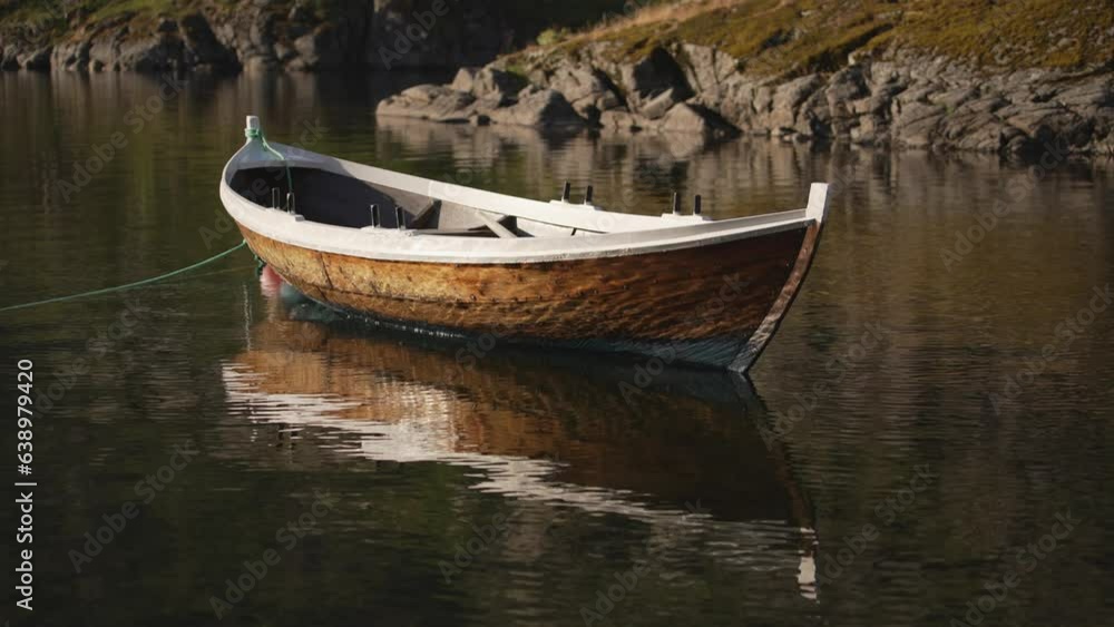 Against the backdrop of towering mountains, a wooden rowing boat finds repose on a buoy in a Norwegian fjord, its reflection on the serene waters adding an ethereal touch to the scene Against the backdrop of towering mountains, a wooden rowing boat finds repose on a buoy in a Norwegian fjord, its reflection on the serene waters adding an ethereal touch to the scene