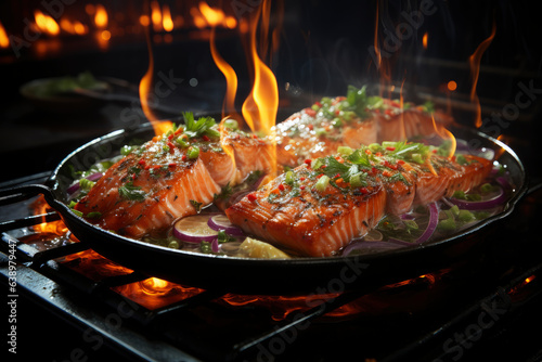 Grilled salmon steak with smoke and flames  delicious and juicy trout on the barbecue