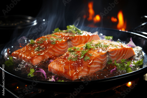 Grilled salmon steak with smoke and flames, delicious and juicy trout on the barbecue