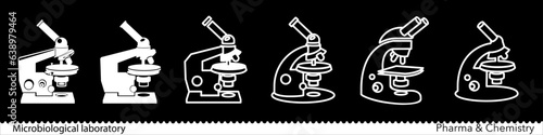 Set of microscope icons. Laboratory monocular and binocular microscopes. Vector Illustration